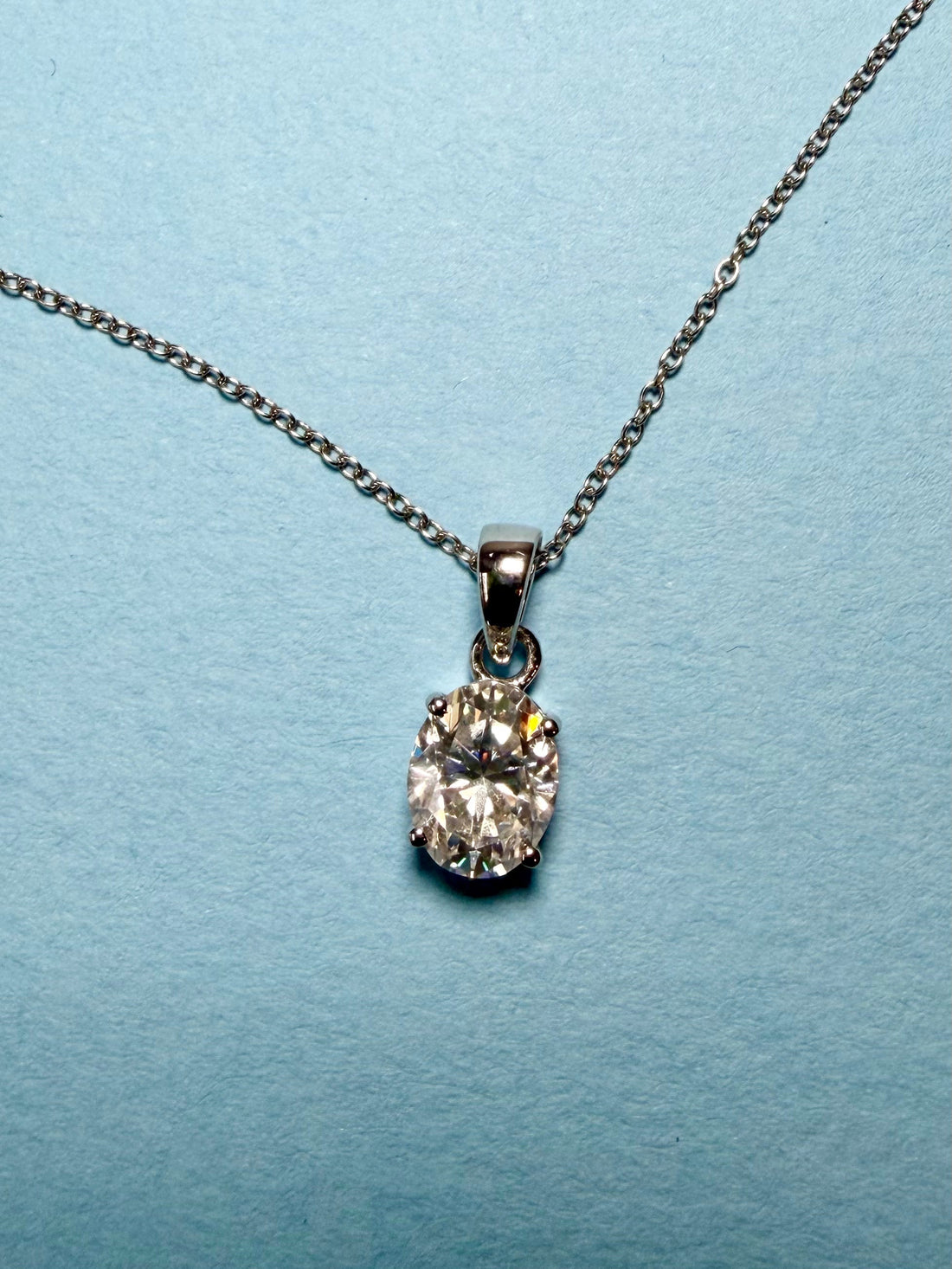 Oval moissanite solitaire pendant necklace on a blue background