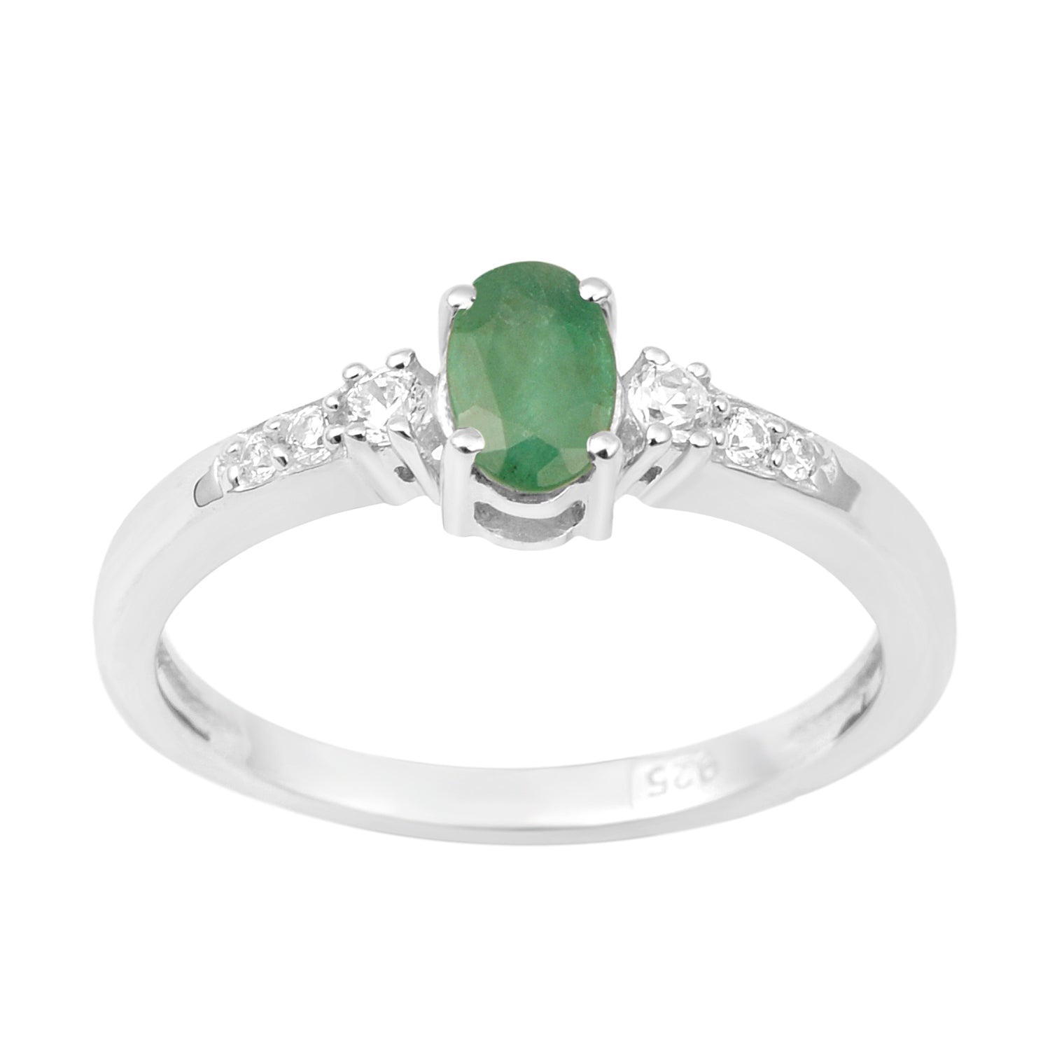 Emerald Ring with Clear Stone Accents – Sterling Silver