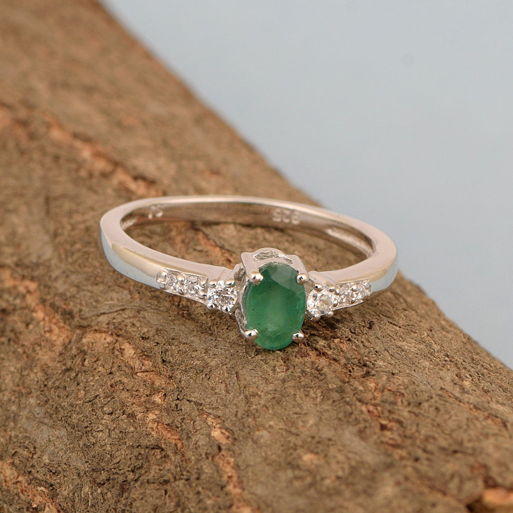 Emerald Ring with Clear Stone Accents – Sterling Silver