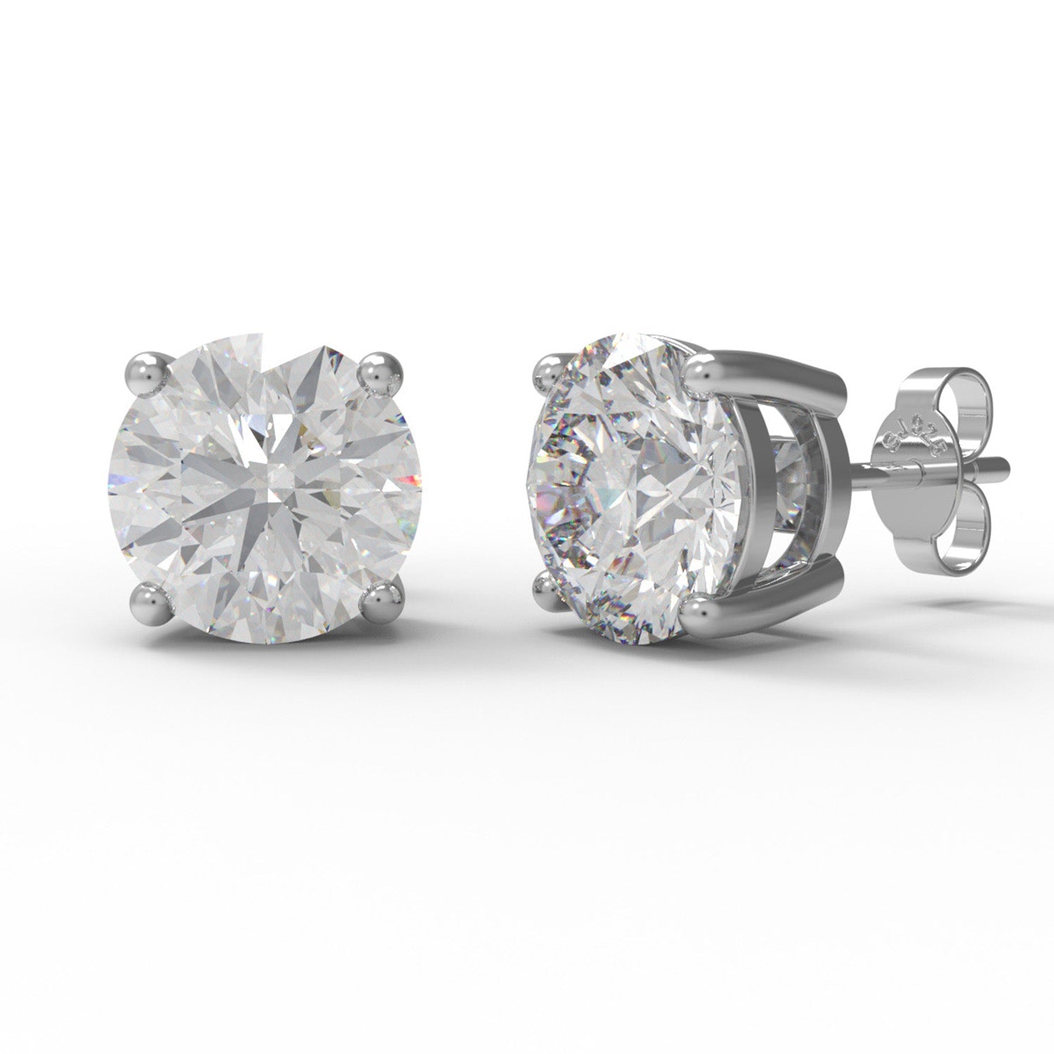Pair of sterling silver moissanite stud earrings on a white background