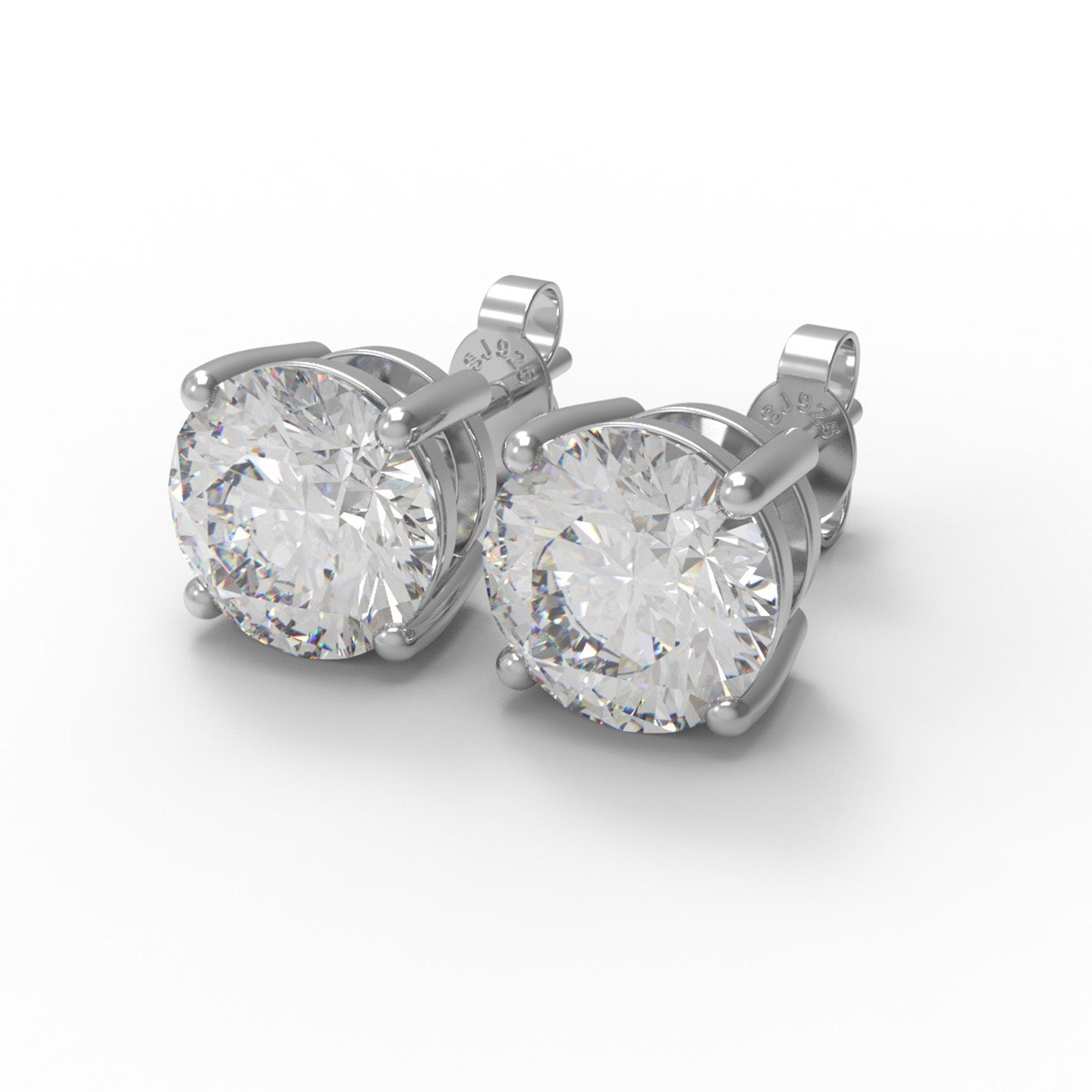 Pair of sterling silver moissanite stud earrings on a white background