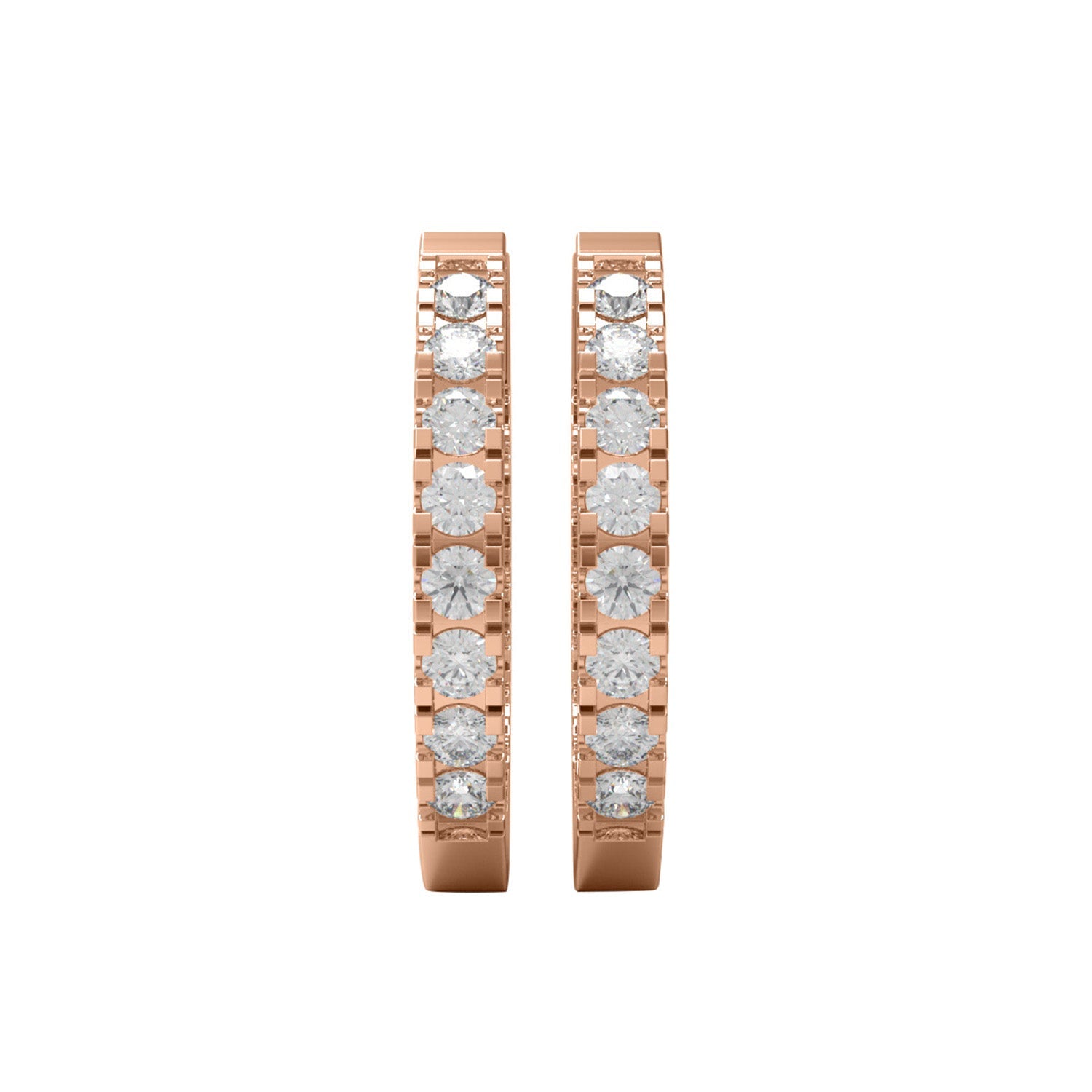 Rose gold in and out moissanite hoop earrings on a white background