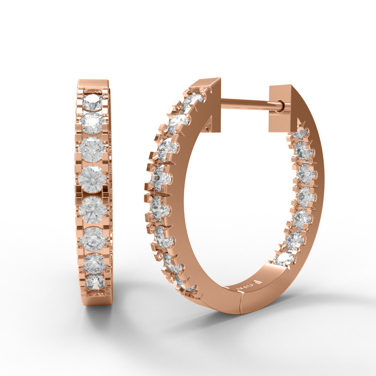 Rose gold in and out moissanite hoop earrings on a white background