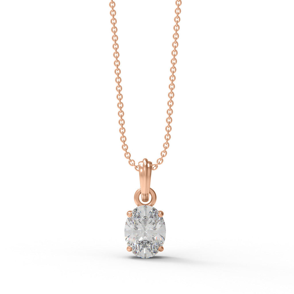 Rose gold necklace with an oval moissanite pendant on a white background