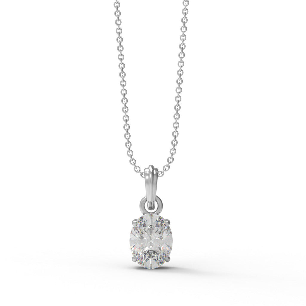 Silver necklace with an oval moissanite solitaire on a white background