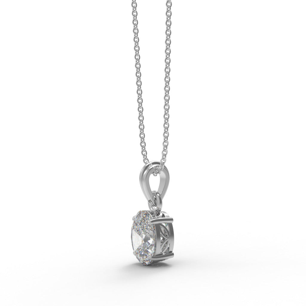 Moissanite pendant necklace with a sterling silver chain against a white background
