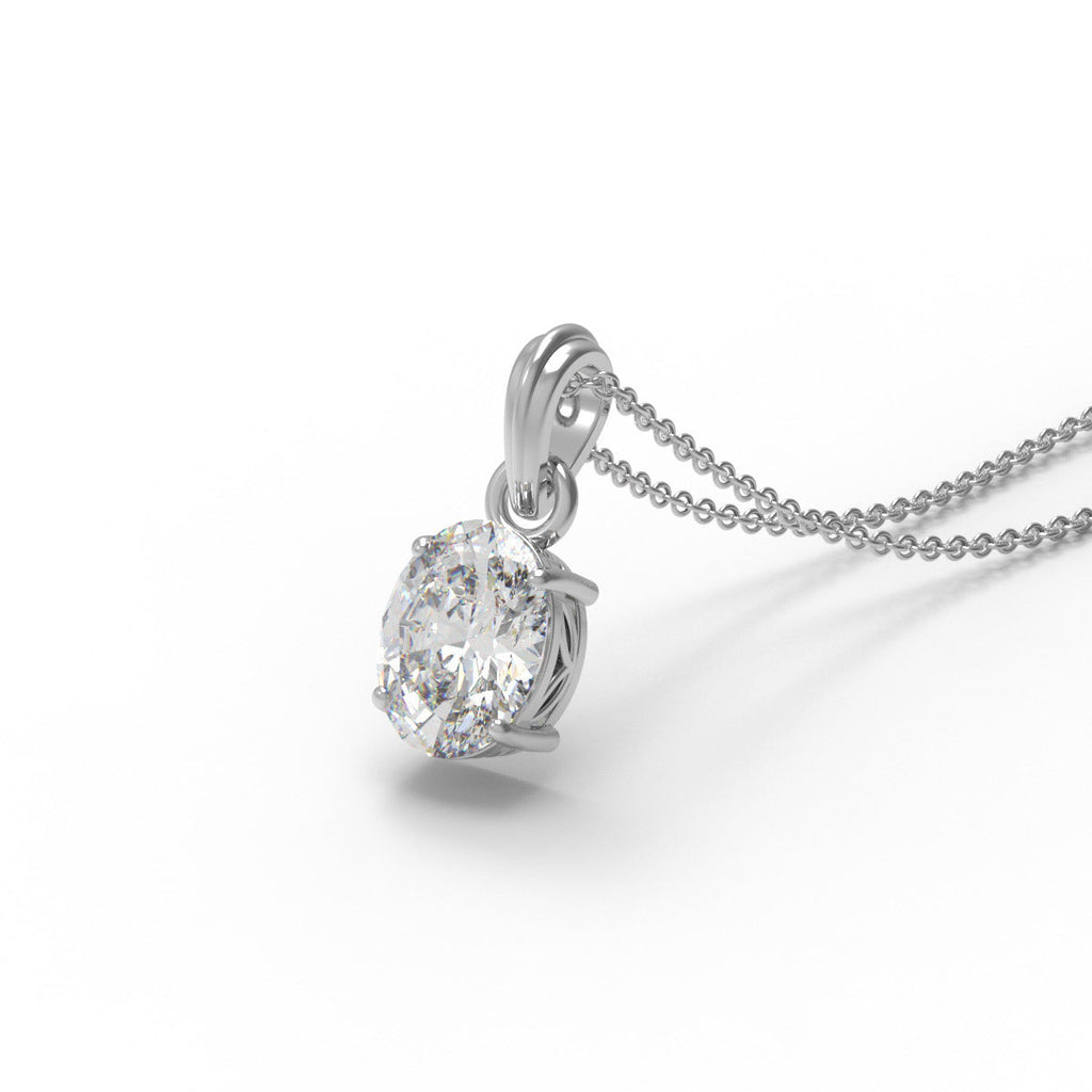 Oval moissanite solitaire pendant necklace with a sterling silver chain against a white background