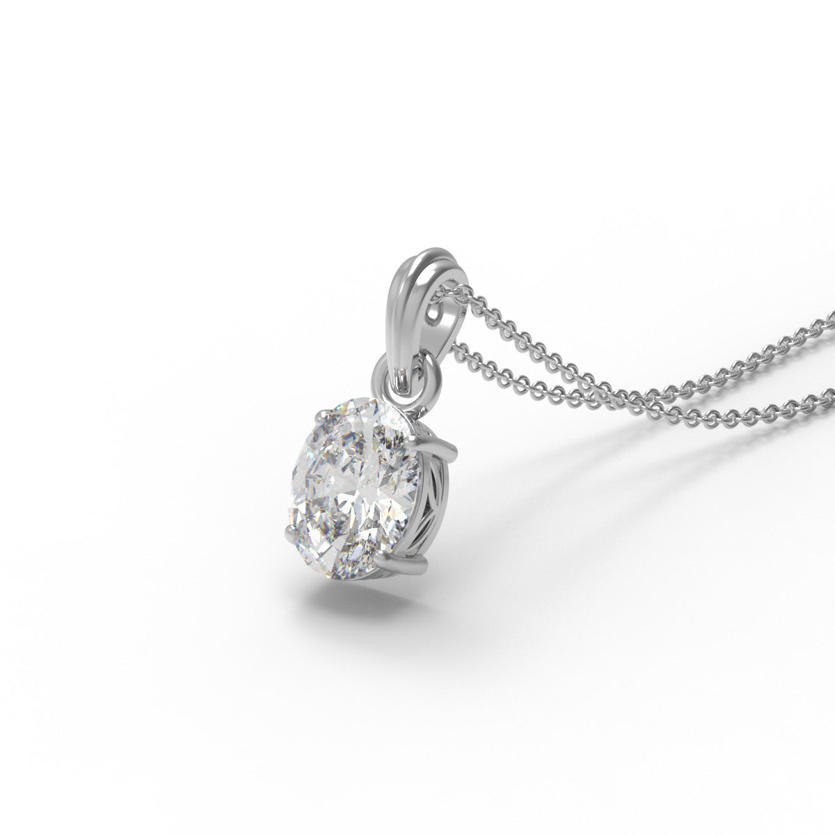 Oval moissanite solitaire pendant necklace with a sterling silver chain against a white background