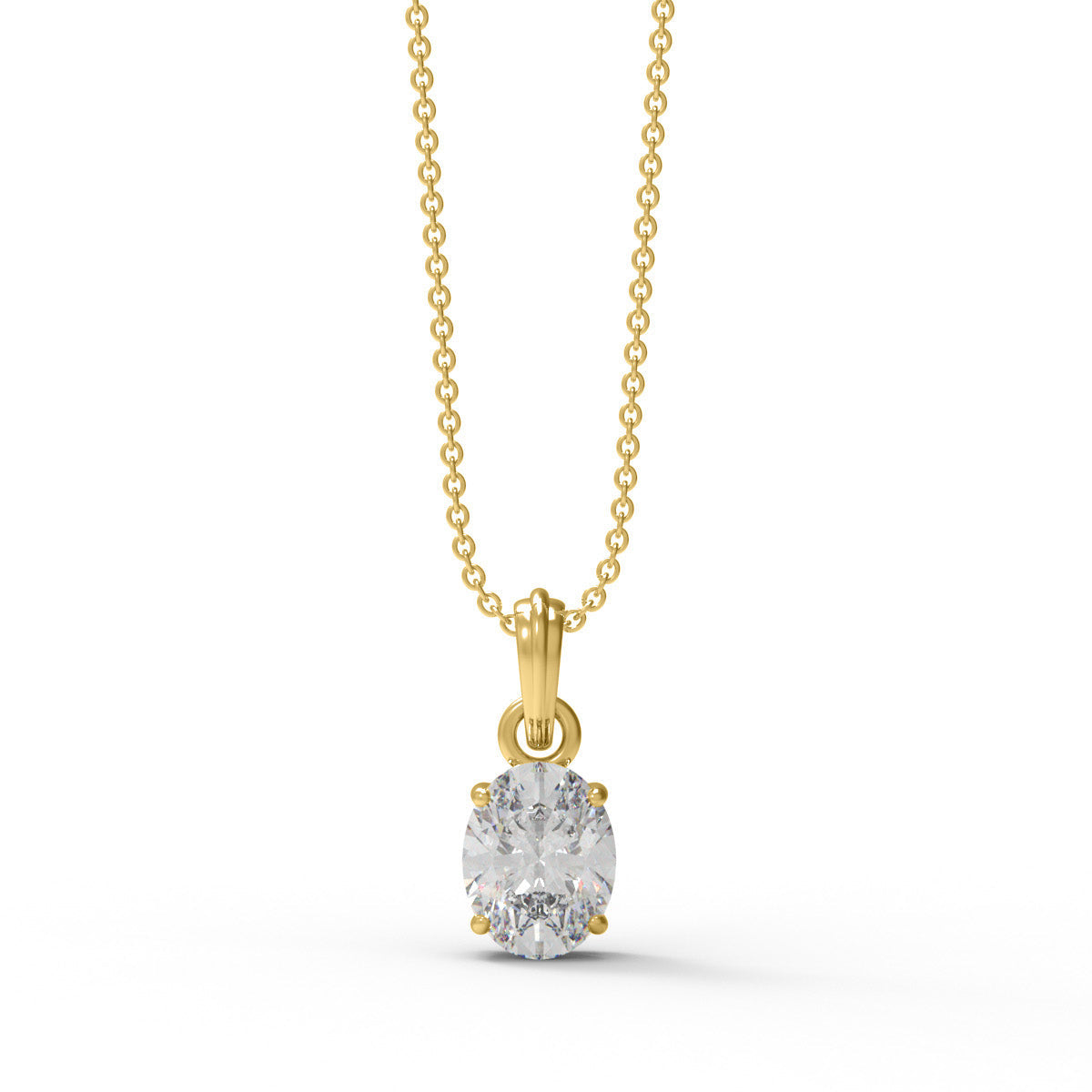 Gold necklace with an oval moissanite pendant on a white background