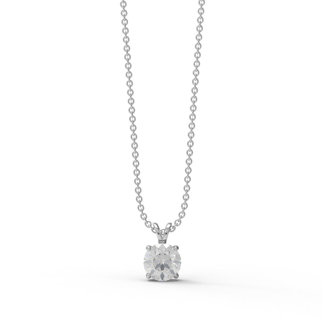 Sterling silver round moissanite solitaire necklace on a white background