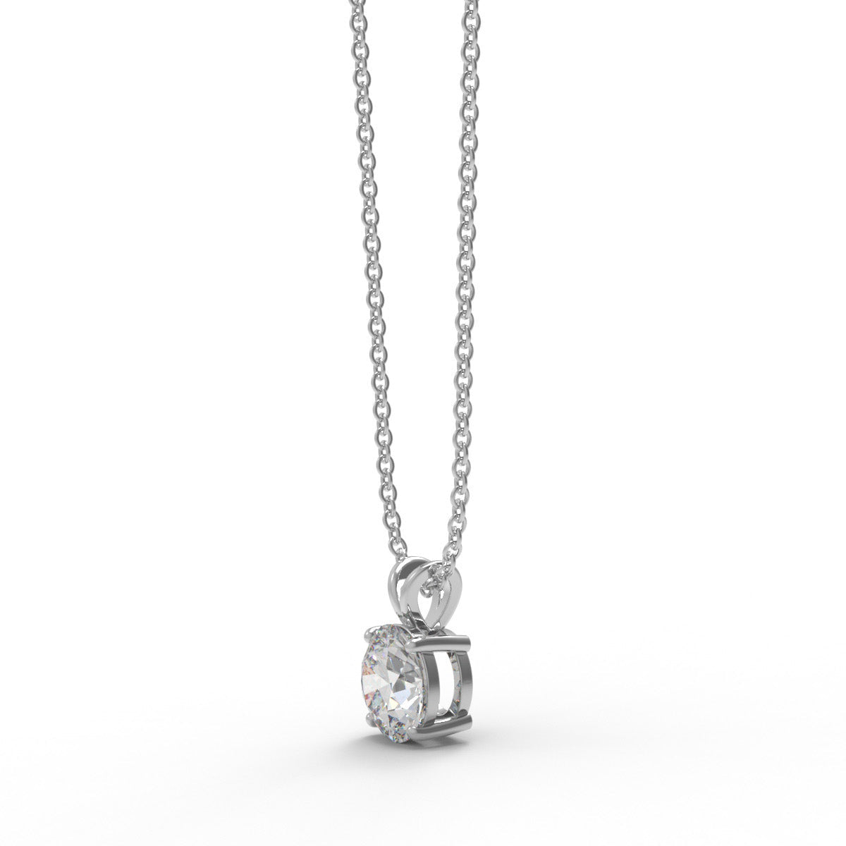 Sterling silver round moissanite solitaire necklace on a white background