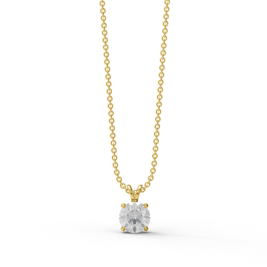 Gold round moissanite solitaire necklace on a white background
