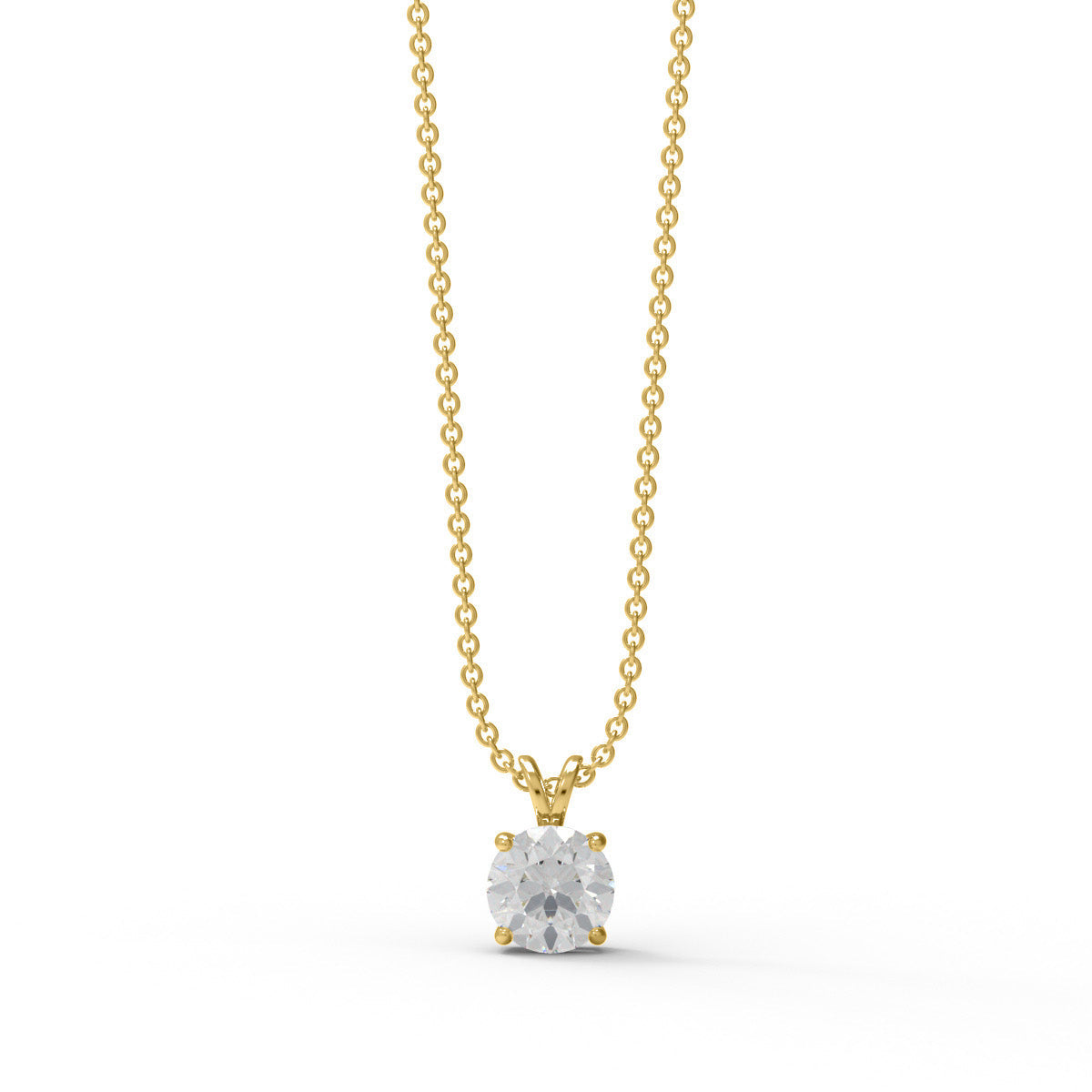 Gold round moissanite solitaire necklace on a white background