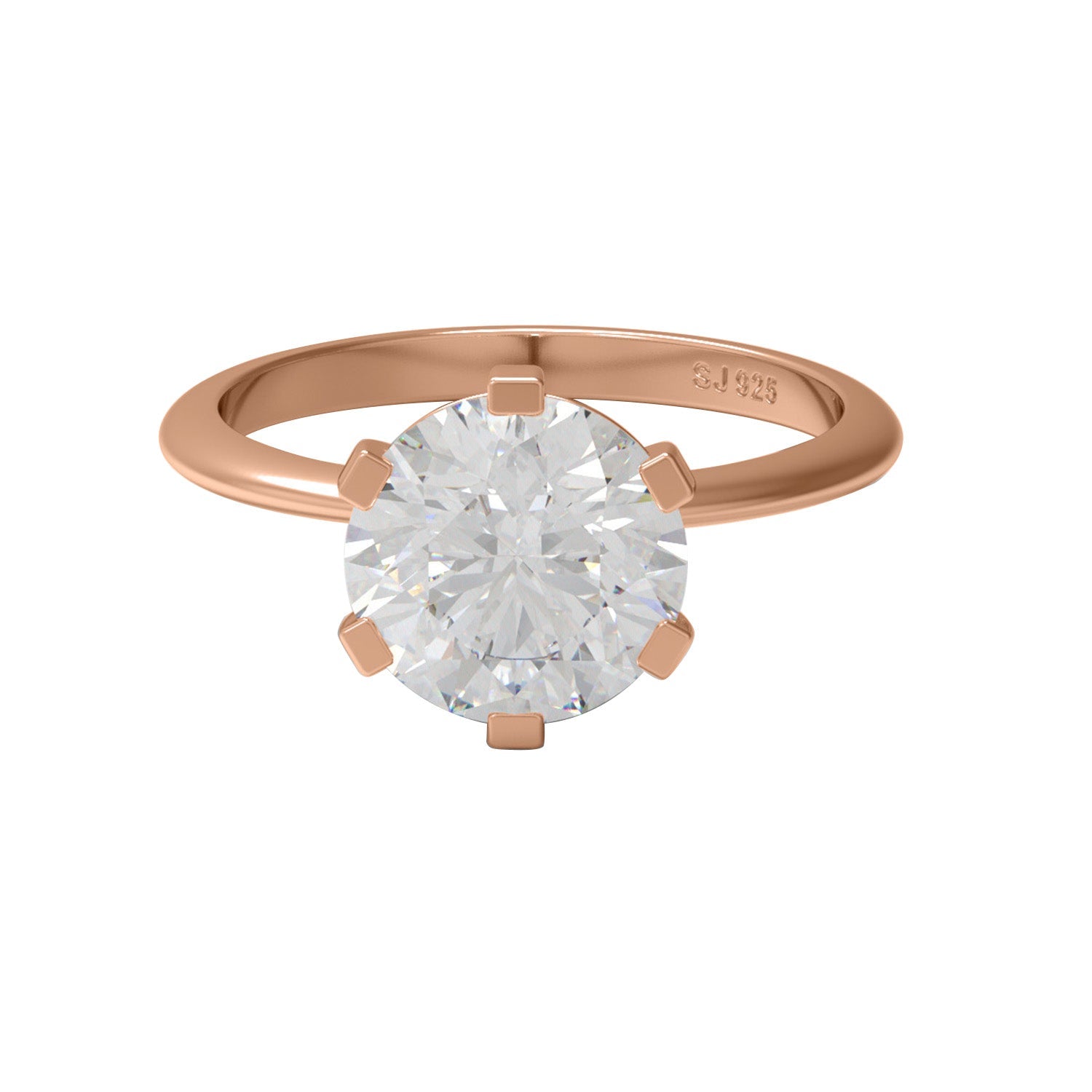 Rose gold moissanite solitaire ring on a white background