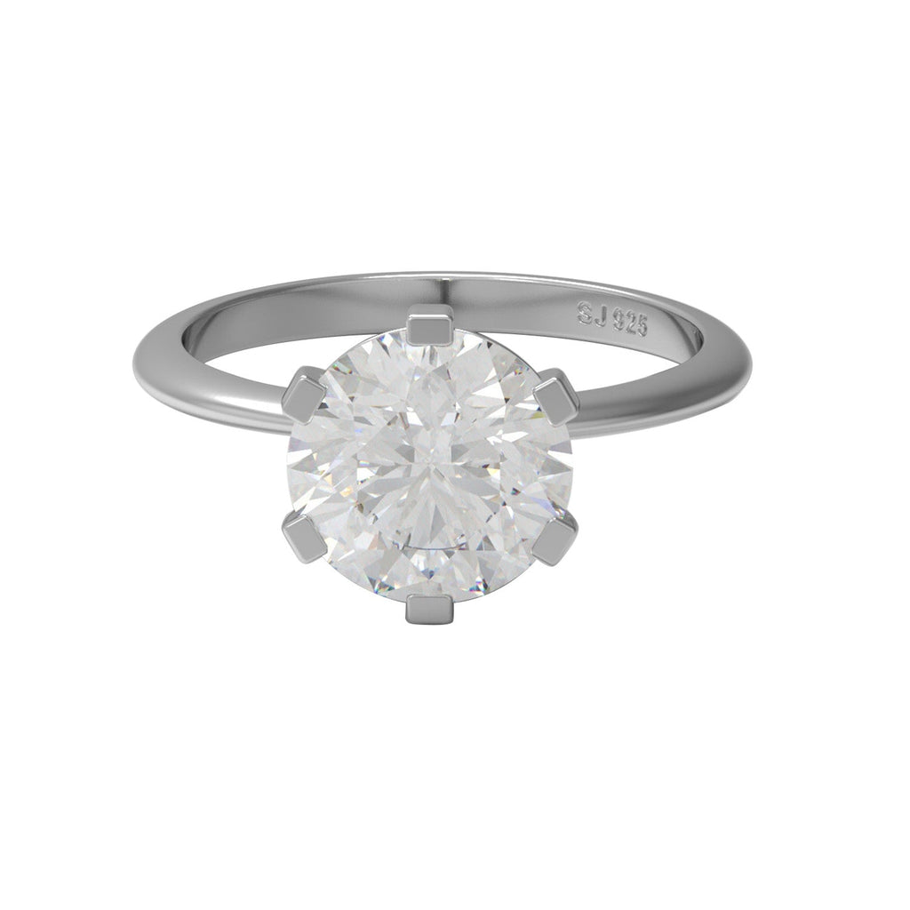 Round-cut sterling silver moissanite solitaire ring on a white background