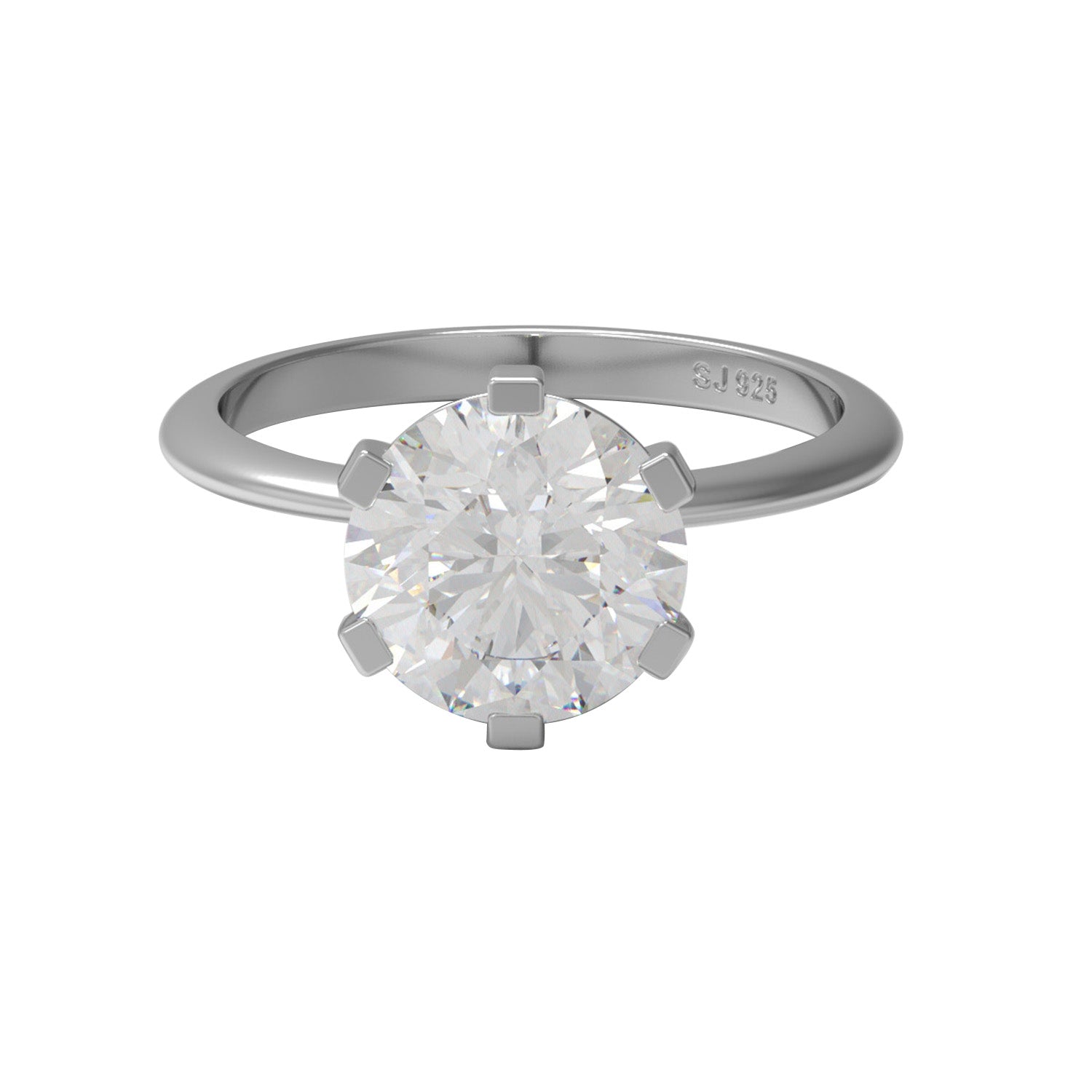 Round-cut sterling silver moissanite solitaire ring on a white background