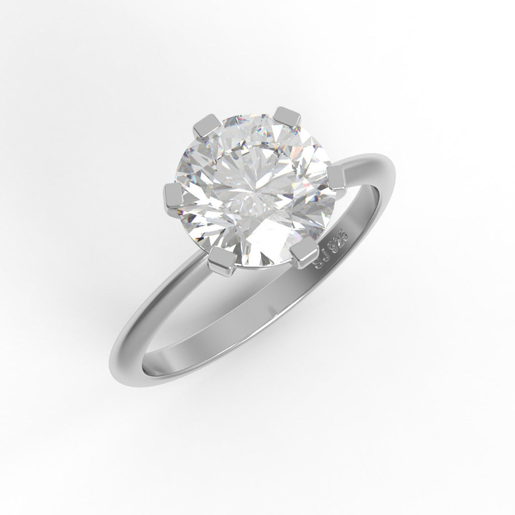 Round-cut sterling silver moissanite solitaire ring on a white background